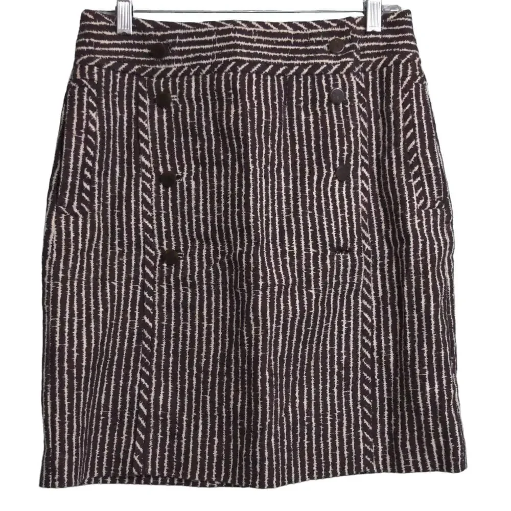 Tory Burch Womens A-Line Skirt White Brown Stripe Above Knee Pockets Buttons 8